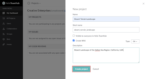 Entering a project name and description