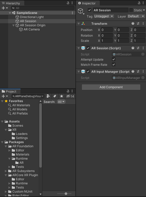 Figure 01: The Scene Hierarchy, containing the required GameObjects to successfully run your AR application
