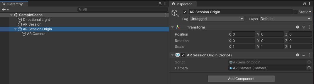Figure 09: The AR Session Origin in the Hierarchy, with the AR Session Origin component attached