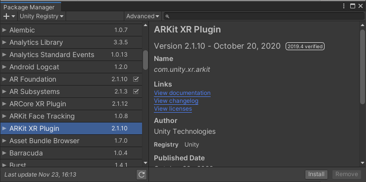 Figure 04: ARKit XR Plugin package