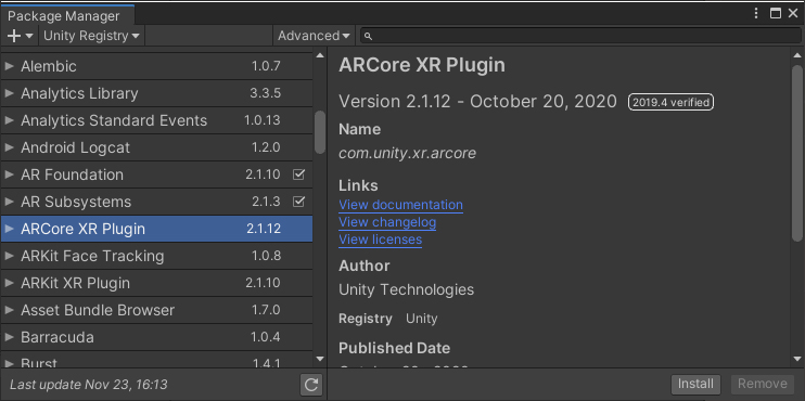 Figure 05: ARCore XR Plugin