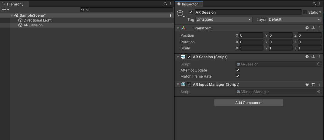 Figure 07: The AR Session GameObject holds two important scripts: the AR Session and the AR Input Manager