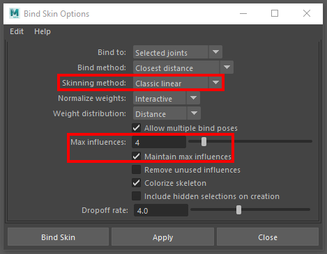 Figure 04: When enveloping in Maya, make sure the Skinning Method is set to Classic linear and Maintain max influence is clicked and set at no more than 4.