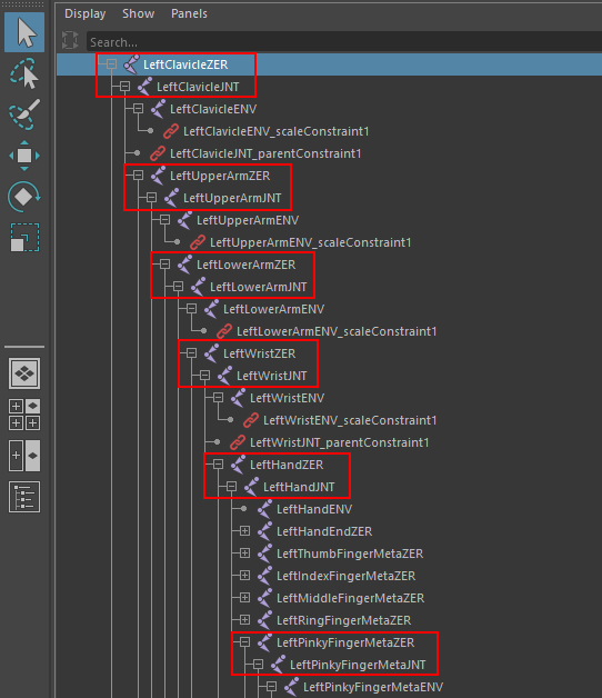 Figure 01: Every joint that will be exported to Unity from Maya has a ZER joint that stores the Joint Orient and its children JNT joint that has zeroed out animation by default.