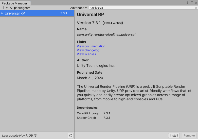 Figure 02: Importing the latest Universal Render Pipeline package