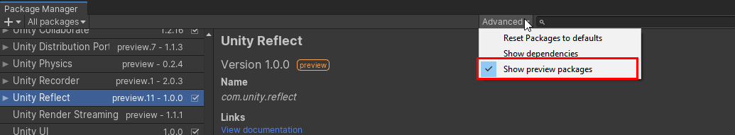 Figure 03: Click on the Advanced drop-down and select Show preview packages so that Reflect will appear in the package list.