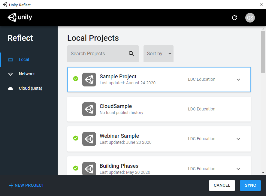 Figure 02: The Reflect project window. Either click on the New Project button to create a new project, or select an existing project from the Project List. Note that the user has logged in, as shown by the initial icon in the upper right corner.