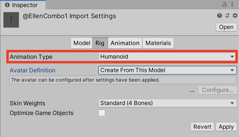 Figure 01: Rig Import settings showing the Animation Type