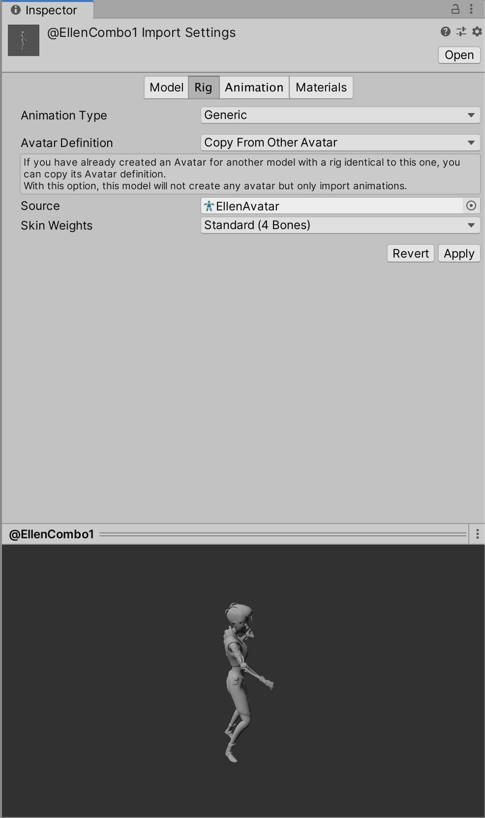 Figure 03: Rig Import Settings for animations