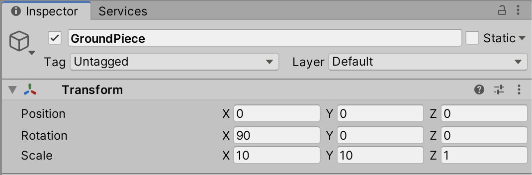 Figure 01: The Transform settings for what will be our GroundPiece Prefab