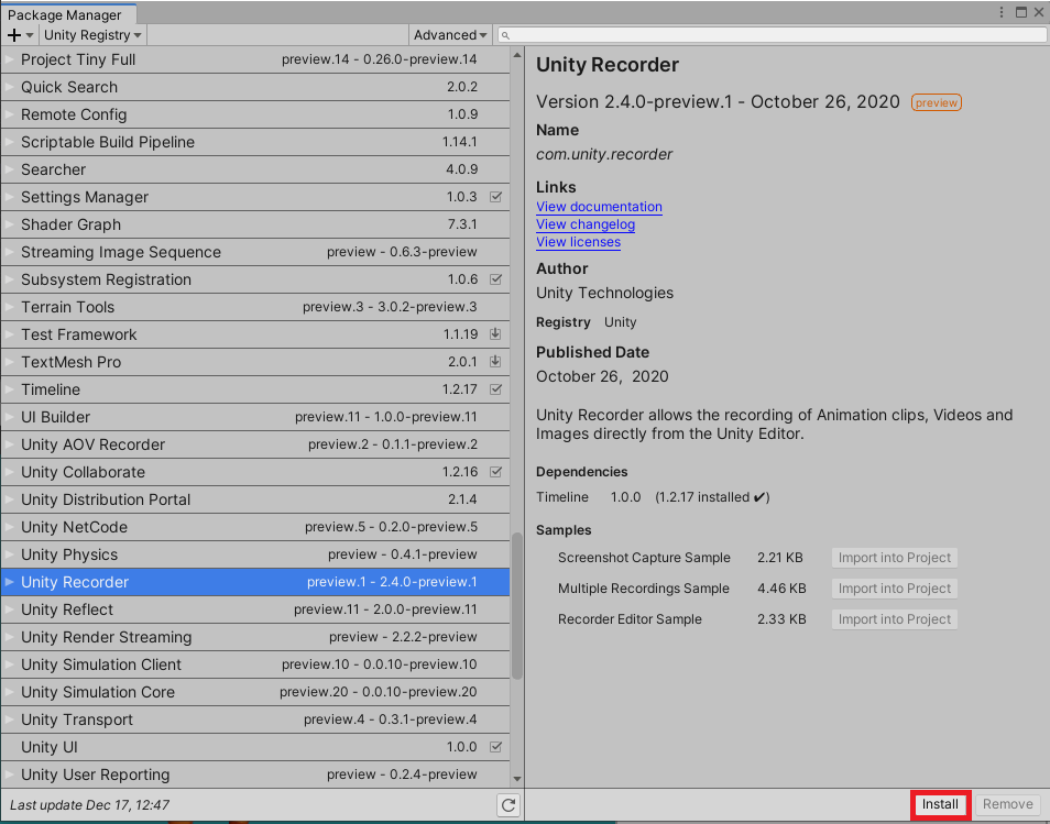Figure 03: Installing the Unity Recorder package