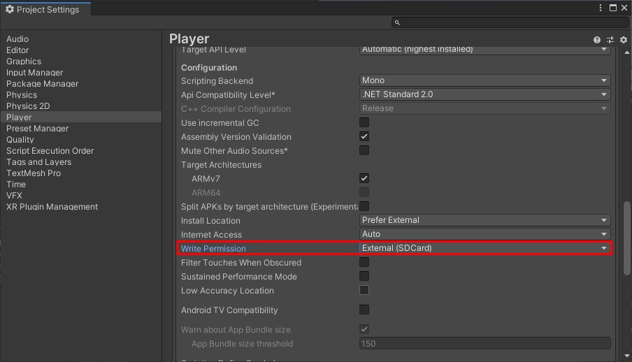 Figure 01: The Unity Native Toolkit requires Write Permission to be set to External (SDcard) for Android.