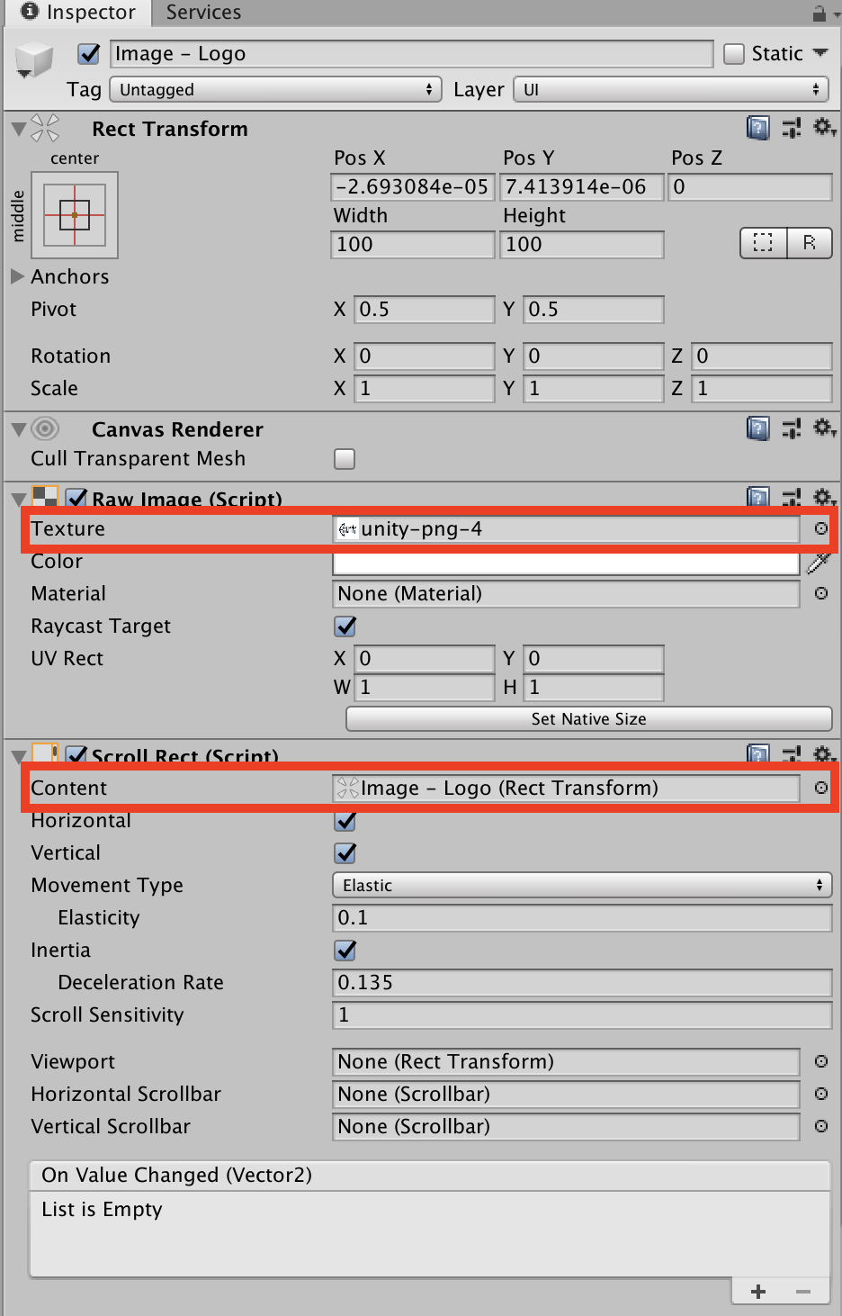 Figure 04: A look at the Raw Image and Scroll Rect components in the Inspector. The Scroll Rect component, in particular, is responsible for enabling us to pan and zoom.