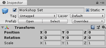 Figure 02: Transform settings for the Workshop Set