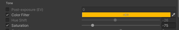 Alt-text: Inside the Tone section, the color filter is set to (255,125,0), which is a sepia tone. The saturation is set to -75