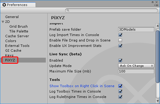 Figure 02: PiXYZ’s settings in Preferences