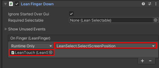 Figure 02: Setting the Event for your Lean Finger Down component