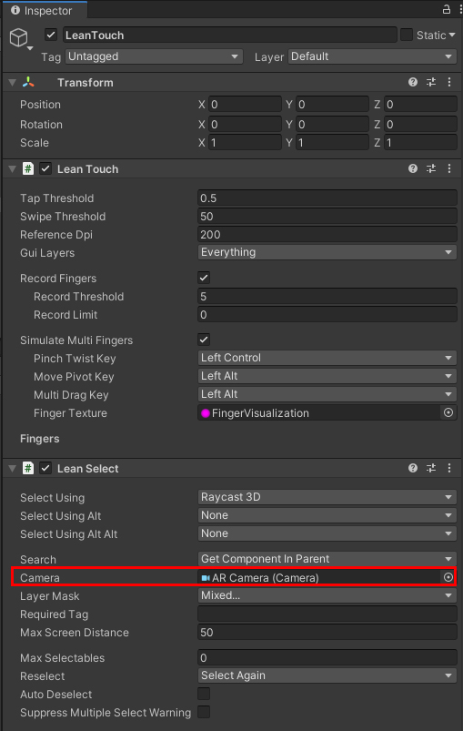 Figure 01:  Setting the Camera field on the LeanTouch object