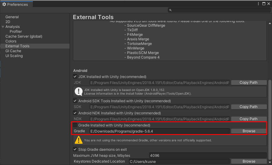 Figure 15: Uncheck Gradle Installed with Unity and set the Gradle location.