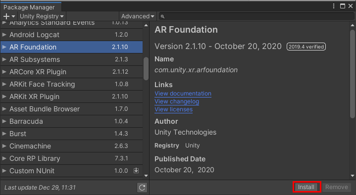Figure 03: Installing the AR Foundation package