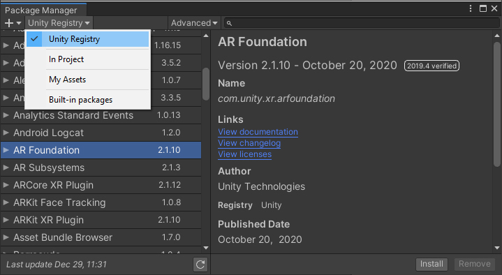 Figure 02: Package Manager window showing the Unity Registry