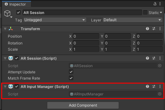 Figure 05: AR Session GameObject with the AR Input Manager