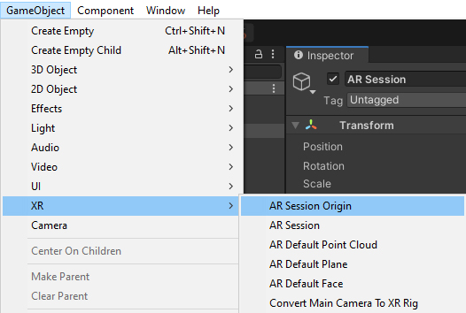 Figure 06: Adding the AR Session Origin to the Scene