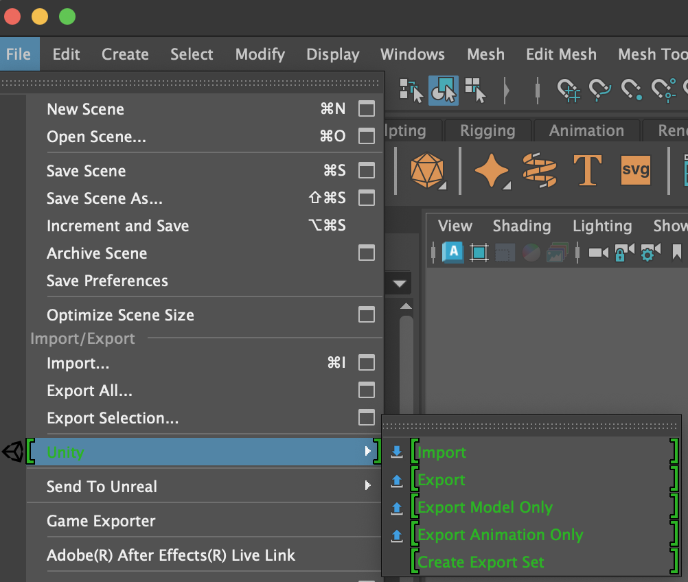 8307b8b3-bbc6-4726-986f-f6fa0b2fb44d_Figure_05_The_custom_Unity_options_menu_in_Autodesk_Maya.png