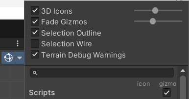 The 3D Icons slider controls the size of the gizmos in the scene